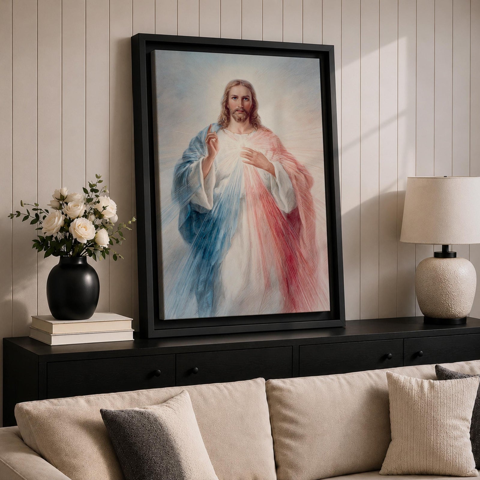 Inspire faith and hope with this Divine Mercy Jesus Wall Art, featuring radiant rays of mercy flowing from Christ in a soft painterly style. This beautiful Christian canvas print brings peace and devotion to prayer rooms, churches, and faith-filled homes.
