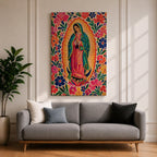 Our Lady of Guadalupe wall art featuring the Virgin Mary in prayer surrounded by vibrant floral folk art patterns and a radiant golden aura. Bright pink, blue, orange, and red blossoms frame this colorful Mexican Catholic artwork, creating a joyful devotional centerpiece for home décor.