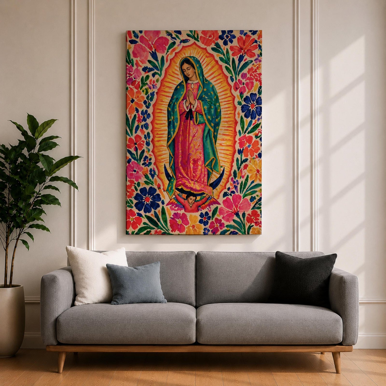 Our Lady of Guadalupe wall art featuring the Virgin Mary in prayer surrounded by vibrant floral folk art patterns and a radiant golden aura. Bright pink, blue, orange, and red blossoms frame this colorful Mexican Catholic artwork, creating a joyful devotional centerpiece for home décor.