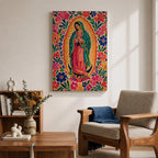 Our Lady of Guadalupe wall art featuring the Virgin Mary in prayer surrounded by vibrant floral folk art patterns and a radiant golden aura. Bright pink, blue, orange, and red blossoms frame this colorful Mexican Catholic artwork, creating a joyful devotional centerpiece for home décor.