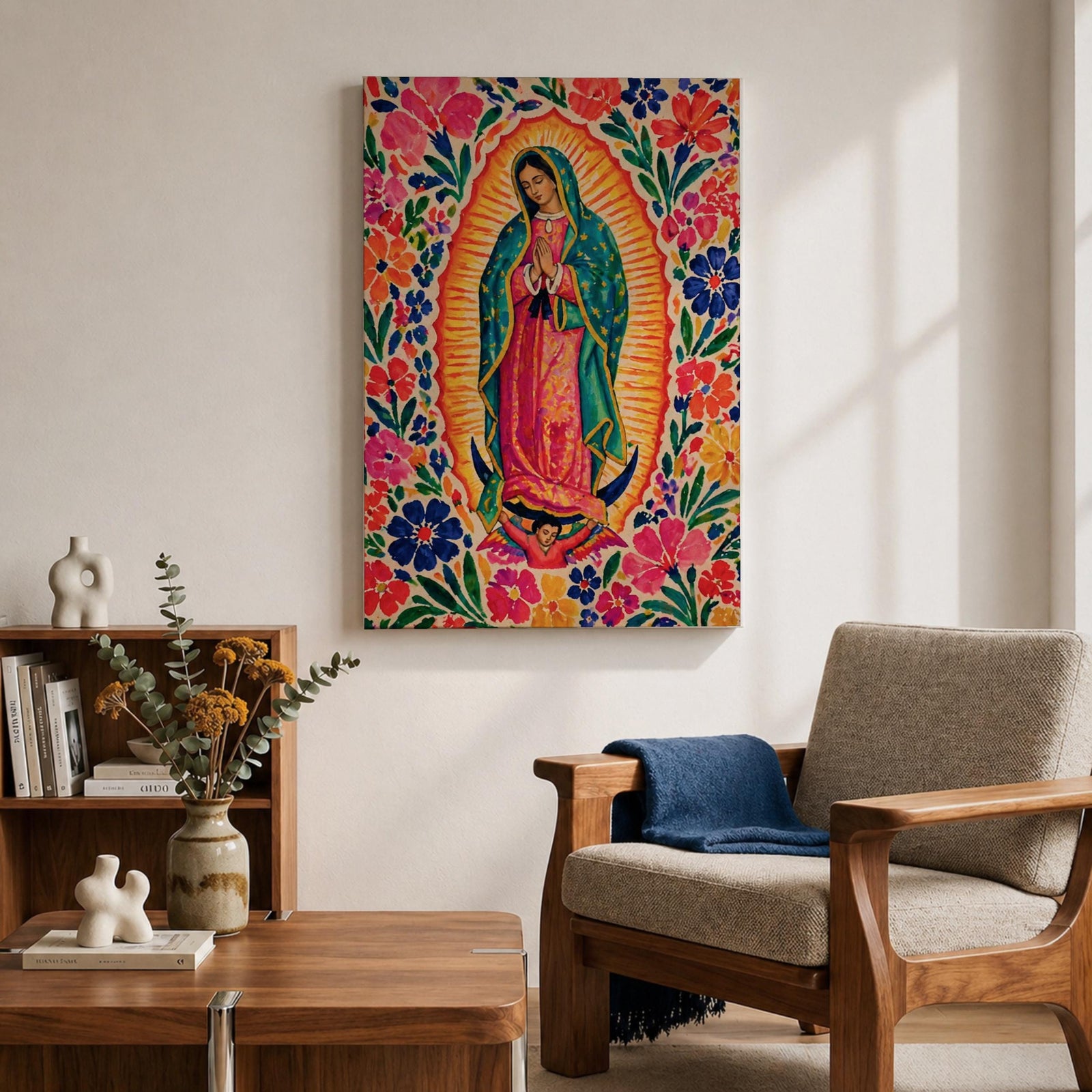 Our Lady of Guadalupe wall art featuring the Virgin Mary in prayer surrounded by vibrant floral folk art patterns and a radiant golden aura. Bright pink, blue, orange, and red blossoms frame this colorful Mexican Catholic artwork, creating a joyful devotional centerpiece for home décor.