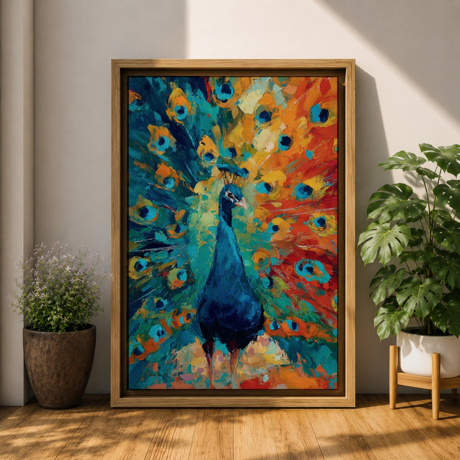 Bring bold color into your home with this Peacock Wall Art, featuring a vibrant expressionist canvas print with richly textured brushstrokes and radiant jewel tones. The dramatic fan of peacock feathers creates a striking focal point, making it perfect for modern living room, bedroom, or office decor.