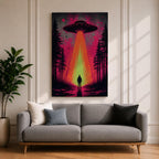 Make a bold statement with this UFO Wall Art, featuring a glowing flying saucer beaming light onto a lone figure in a mysterious forest. Neon pink and orange tones create a dramatic sci-fi canvas print perfect for gamer rooms, man caves, and modern entertainment spaces.