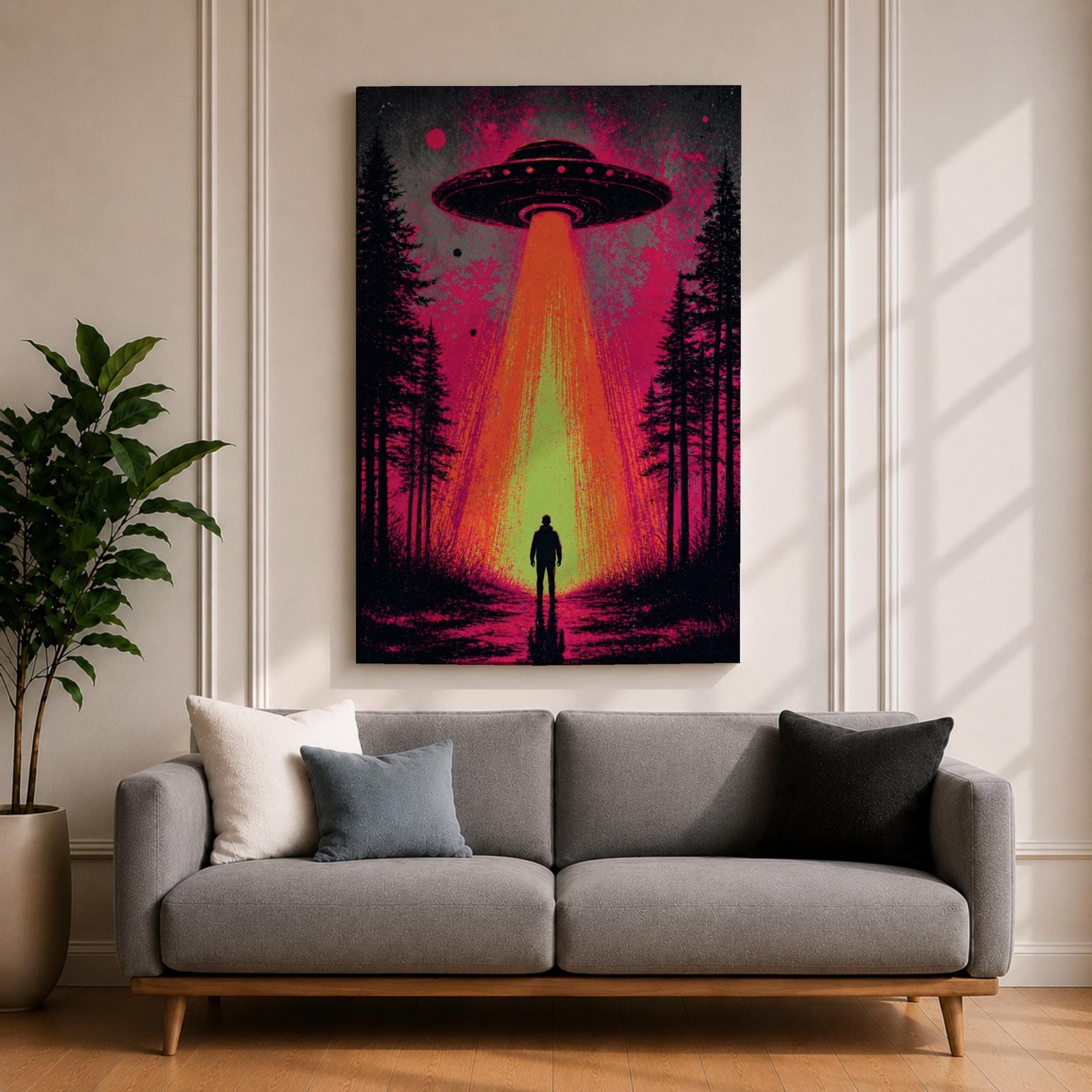 Make a bold statement with this UFO Wall Art, featuring a glowing flying saucer beaming light onto a lone figure in a mysterious forest. Neon pink and orange tones create a dramatic sci-fi canvas print perfect for gamer rooms, man caves, and modern entertainment spaces.