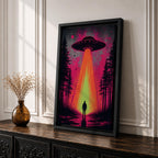 Make a bold statement with this UFO Wall Art, featuring a glowing flying saucer beaming light onto a lone figure in a mysterious forest. Neon pink and orange tones create a dramatic sci-fi canvas print perfect for gamer rooms, man caves, and modern entertainment spaces.