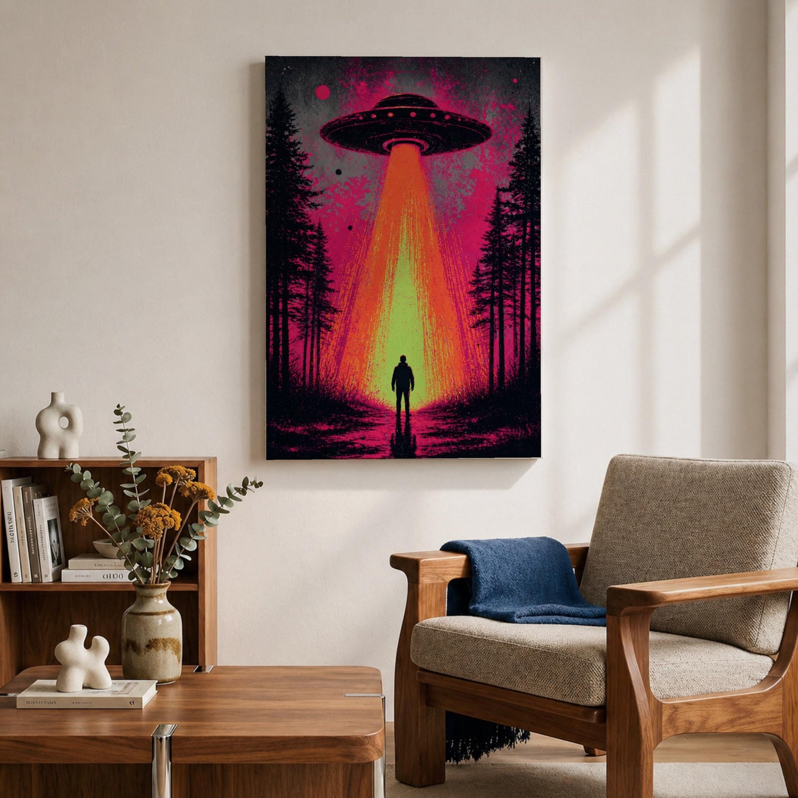 Make a bold statement with this UFO Wall Art, featuring a glowing flying saucer beaming light onto a lone figure in a mysterious forest. Neon pink and orange tones create a dramatic sci-fi canvas print perfect for gamer rooms, man caves, and modern entertainment spaces.