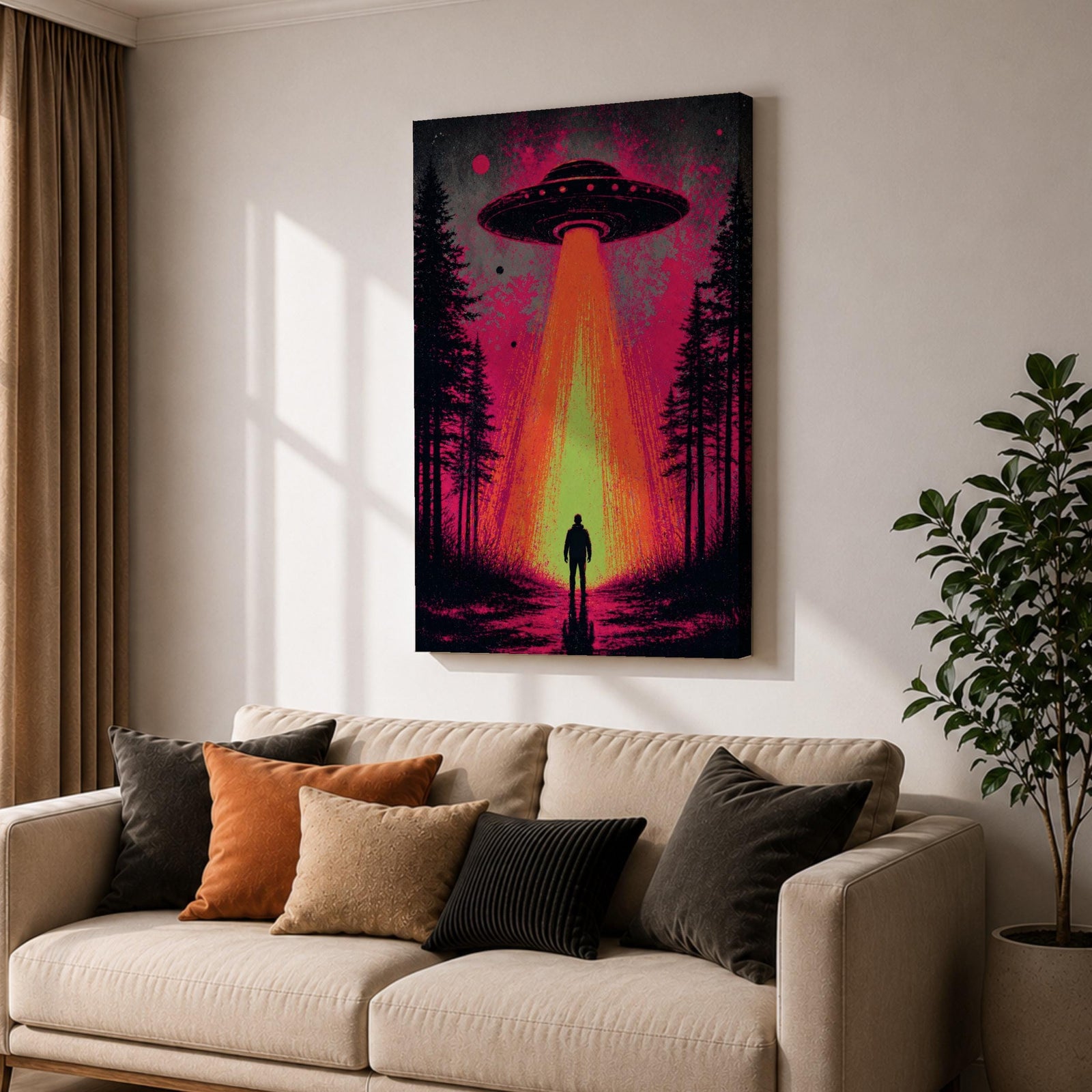 Make a bold statement with this UFO Wall Art, featuring a glowing flying saucer beaming light onto a lone figure in a mysterious forest. Neon pink and orange tones create a dramatic sci-fi canvas print perfect for gamer rooms, man caves, and modern entertainment spaces.