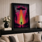 Make a bold statement with this UFO Wall Art, featuring a glowing flying saucer beaming light onto a lone figure in a mysterious forest. Neon pink and orange tones create a dramatic sci-fi canvas print perfect for gamer rooms, man caves, and modern entertainment spaces.