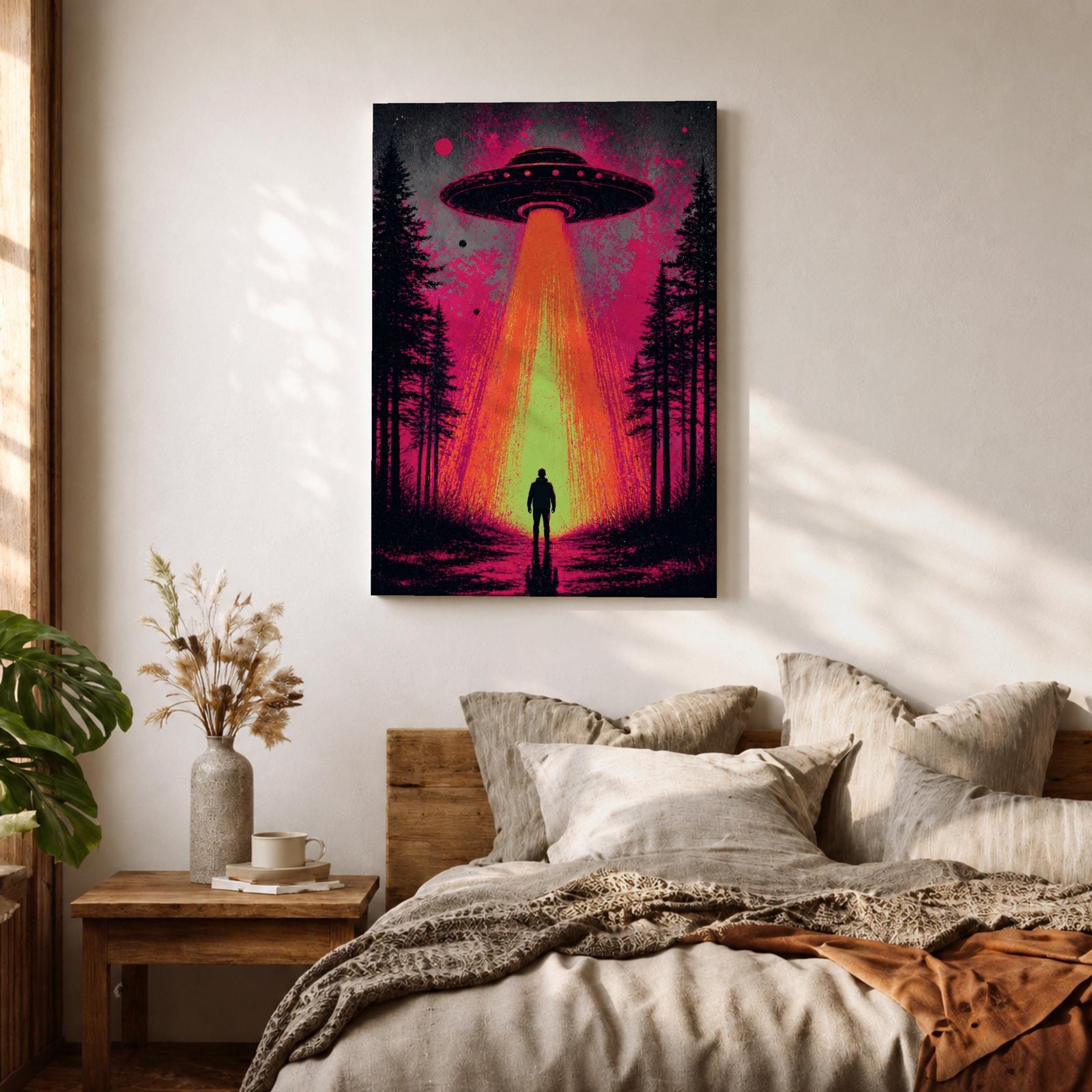 Make a bold statement with this UFO Wall Art, featuring a glowing flying saucer beaming light onto a lone figure in a mysterious forest. Neon pink and orange tones create a dramatic sci-fi canvas print perfect for gamer rooms, man caves, and modern entertainment spaces.