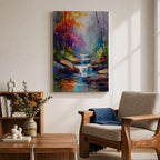 Transform your space with this Waterfall Wall Art, a vibrant impressionist landscape canvas print featuring a cascading woodland stream, rich autumn colors, and expressive palette knife textures. The misty forest atmosphere and jewel-toned reflections create a calming focal point for living rooms, bedrooms, or offices.