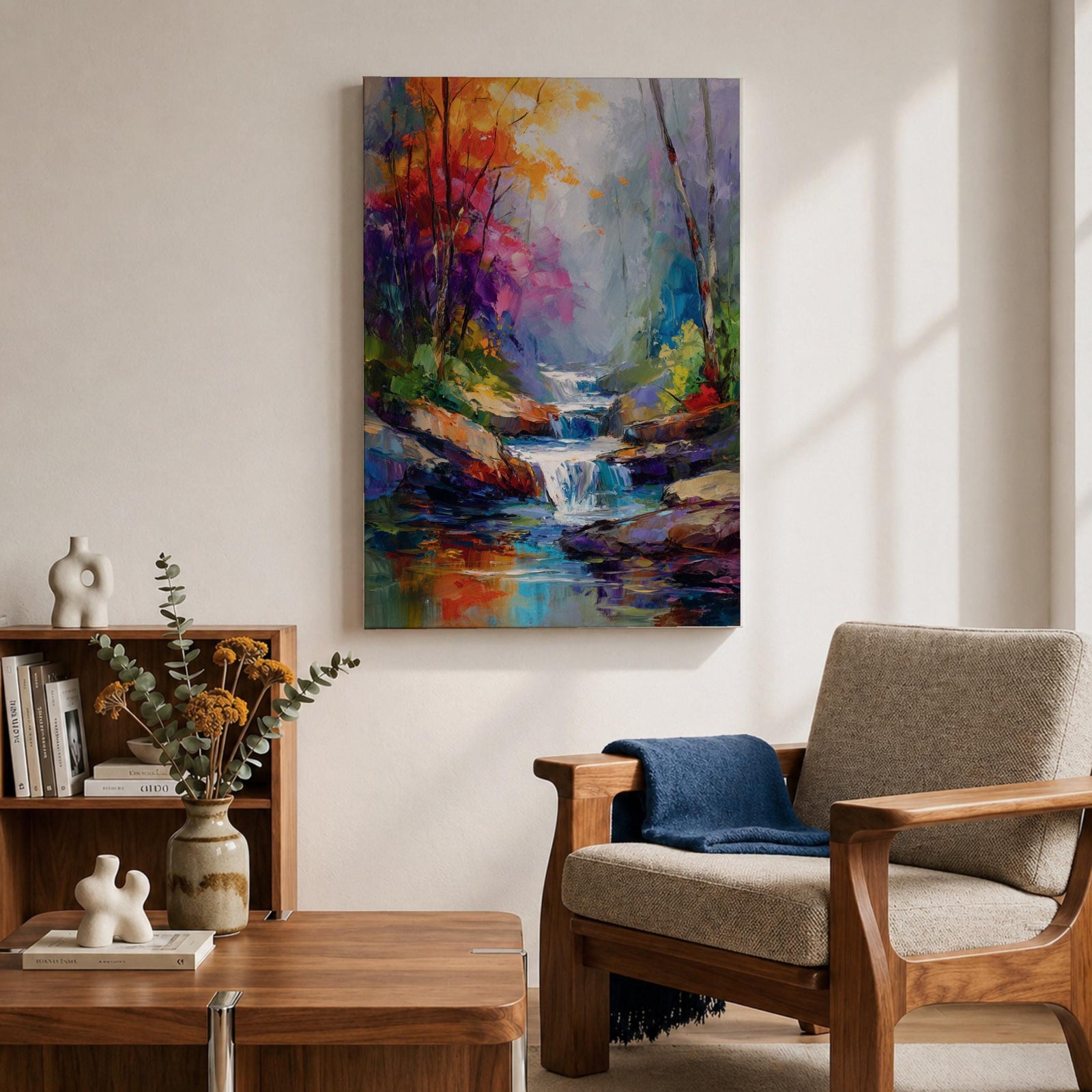 Transform your space with this Waterfall Wall Art, a vibrant impressionist landscape canvas print featuring a cascading woodland stream, rich autumn colors, and expressive palette knife textures. The misty forest atmosphere and jewel-toned reflections create a calming focal point for living rooms, bedrooms, or offices.