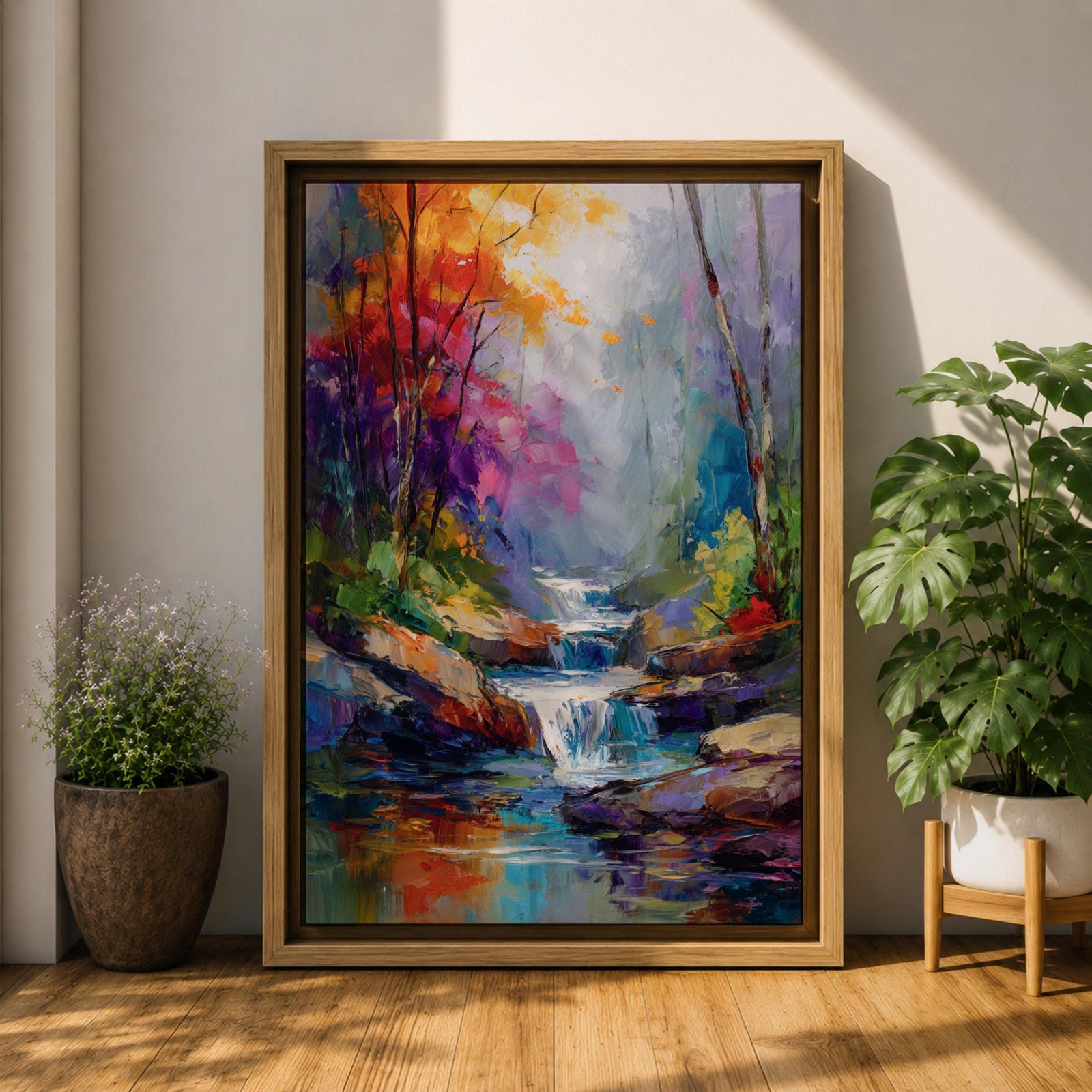 Transform your space with this Waterfall Wall Art, a vibrant impressionist landscape canvas print featuring a cascading woodland stream, rich autumn colors, and expressive palette knife textures. The misty forest atmosphere and jewel-toned reflections create a calming focal point for living rooms, bedrooms, or offices.