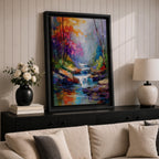Transform your space with this Waterfall Wall Art, a vibrant impressionist landscape canvas print featuring a cascading woodland stream, rich autumn colors, and expressive palette knife textures. The misty forest atmosphere and jewel-toned reflections create a calming focal point for living rooms, bedrooms, or offices.