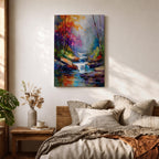 Transform your space with this Waterfall Wall Art, a vibrant impressionist landscape canvas print featuring a cascading woodland stream, rich autumn colors, and expressive palette knife textures. The misty forest atmosphere and jewel-toned reflections create a calming focal point for living rooms, bedrooms, or offices.