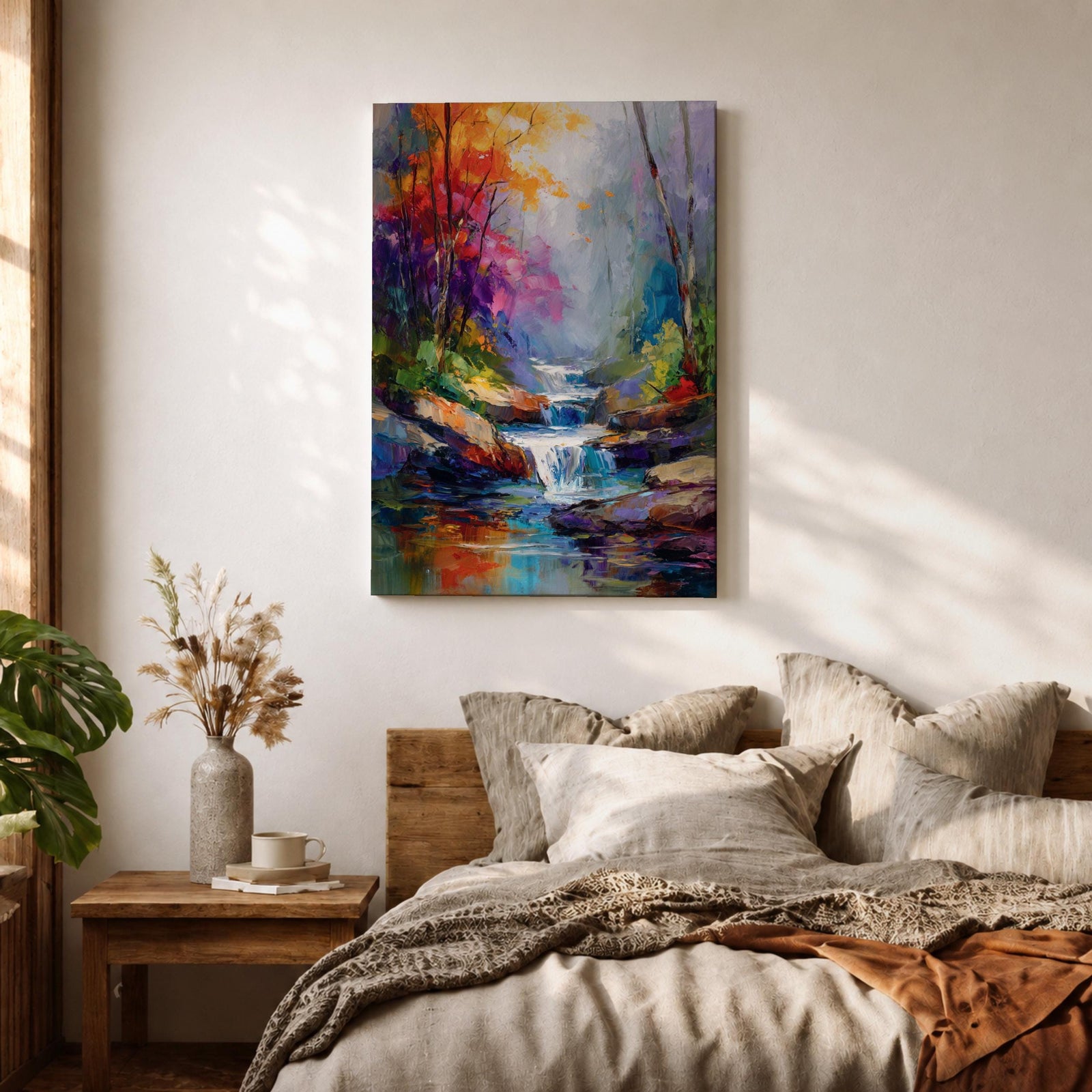 Transform your space with this Waterfall Wall Art, a vibrant impressionist landscape canvas print featuring a cascading woodland stream, rich autumn colors, and expressive palette knife textures. The misty forest atmosphere and jewel-toned reflections create a calming focal point for living rooms, bedrooms, or offices.