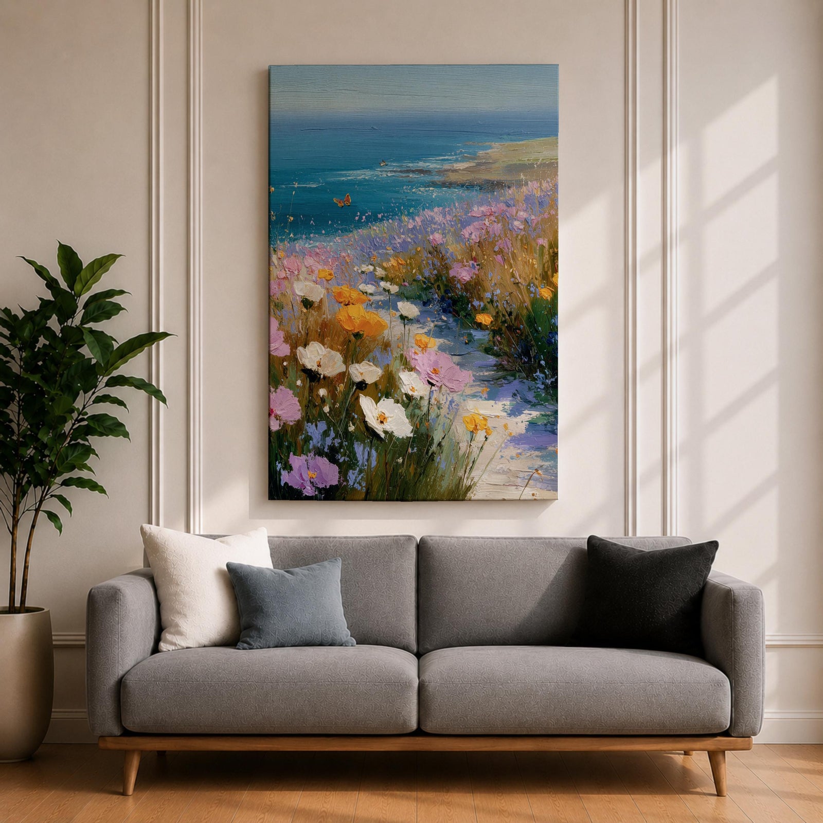 Bring the tranquility of the seaside into your home with this Coastal Wildflower Wall Art, featuring a sunlit beach path surrounded by blooming pastel flowers overlooking the sparkling blue ocean. Soft impressionist brushstrokes and vibrant coastal colors create a peaceful focal point for beach homes and coastal-inspired interiors.