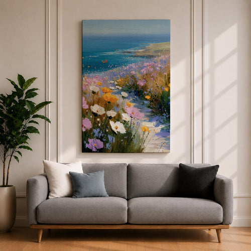 Bring the tranquility of the seaside into your home with this Coastal Wildflower Wall Art, featuring a sunlit beach path surrounded by blooming pastel flowers overlooking the sparkling blue ocean. Soft impressionist brushstrokes and vibrant coastal colors create a peaceful focal point for beach homes and coastal-inspired interiors.