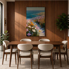 Bring the tranquility of the seaside into your home with this Coastal Wildflower Wall Art, featuring a sunlit beach path surrounded by blooming pastel flowers overlooking the sparkling blue ocean. Soft impressionist brushstrokes and vibrant coastal colors create a peaceful focal point for beach homes and coastal-inspired interiors.
