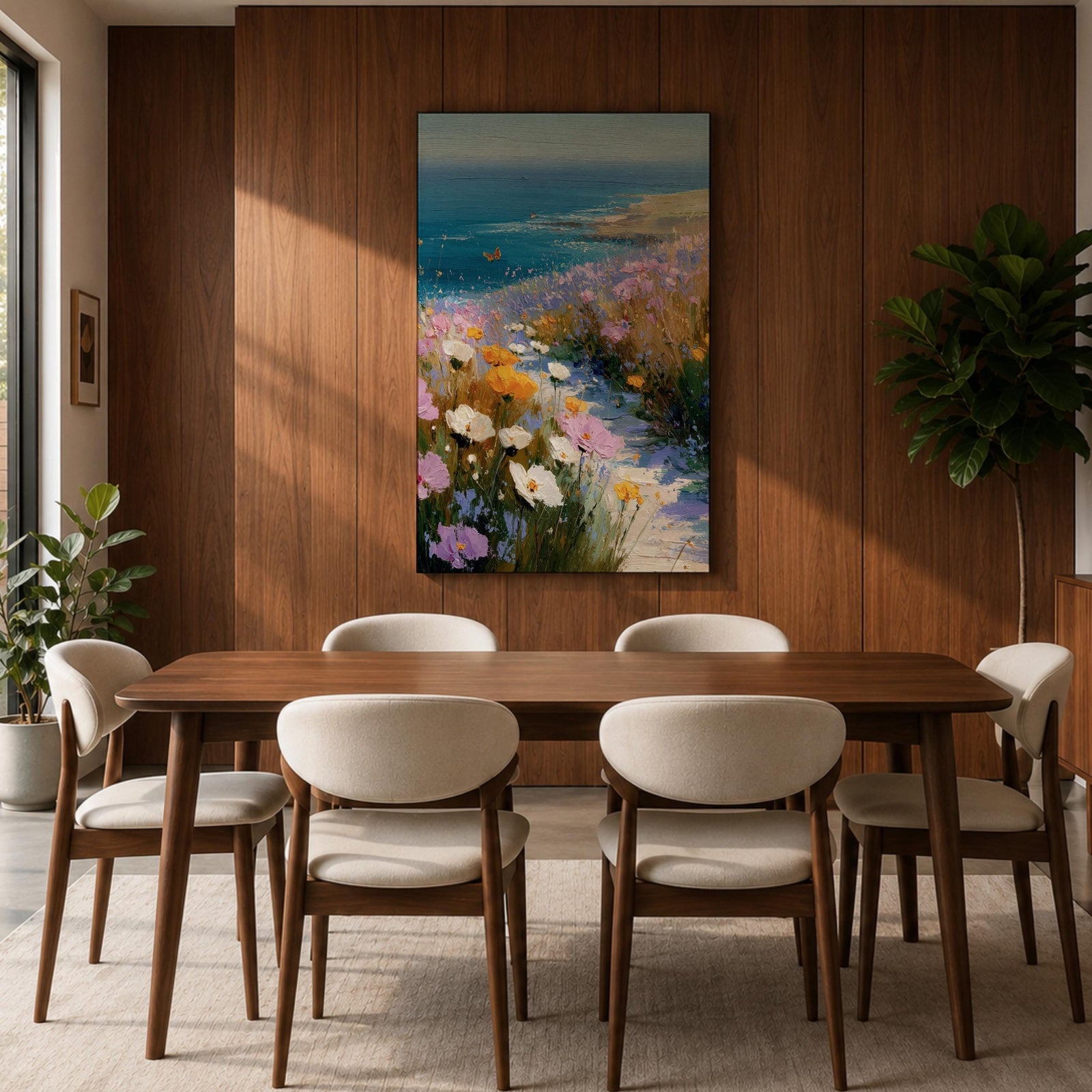 Bring the tranquility of the seaside into your home with this Coastal Wildflower Wall Art, featuring a sunlit beach path surrounded by blooming pastel flowers overlooking the sparkling blue ocean. Soft impressionist brushstrokes and vibrant coastal colors create a peaceful focal point for beach homes and coastal-inspired interiors.