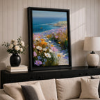 Bring the tranquility of the seaside into your home with this Coastal Wildflower Wall Art, featuring a sunlit beach path surrounded by blooming pastel flowers overlooking the sparkling blue ocean. Soft impressionist brushstrokes and vibrant coastal colors create a peaceful focal point for beach homes and coastal-inspired interiors.