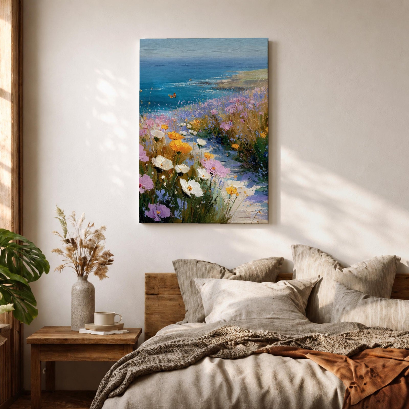 Bring the tranquility of the seaside into your home with this Coastal Wildflower Wall Art, featuring a sunlit beach path surrounded by blooming pastel flowers overlooking the sparkling blue ocean. Soft impressionist brushstrokes and vibrant coastal colors create a peaceful focal point for beach homes and coastal-inspired interiors.