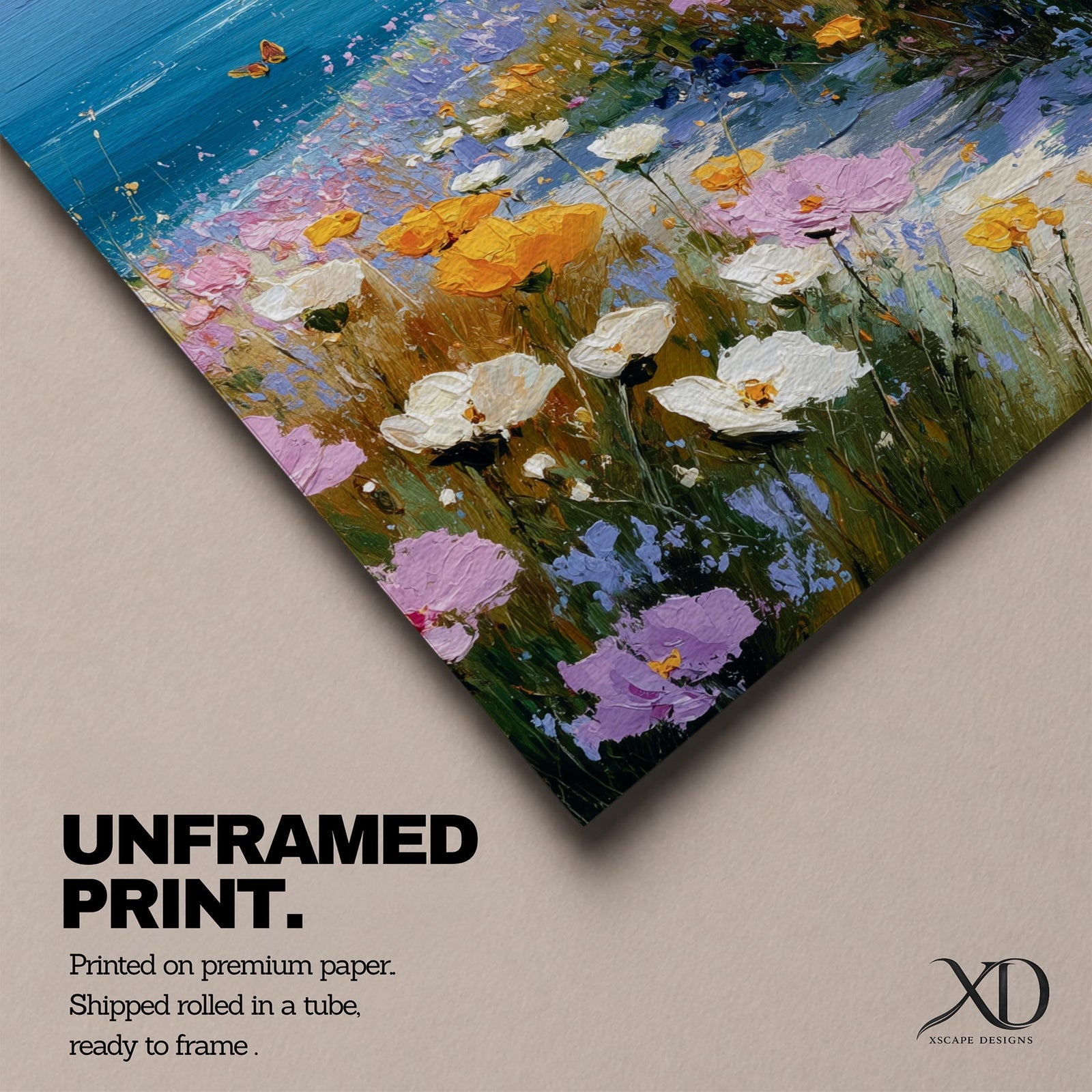 Bring the tranquility of the seaside into your home with this Coastal Wildflower Wall Art, featuring a sunlit beach path surrounded by blooming pastel flowers overlooking the sparkling blue ocean. Soft impressionist brushstrokes and vibrant coastal colors create a peaceful focal point for beach homes and coastal-inspired interiors.