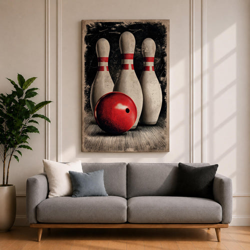 Bowling wall art featuring a red bowling ball positioned in front of three classic bowling pins. The vintage-inspired sports artwork uses bold contrast, distressed textures, and dramatic composition, making it an ideal statement piece for bowling alleys, game rooms, man caves, and recreation spaces.