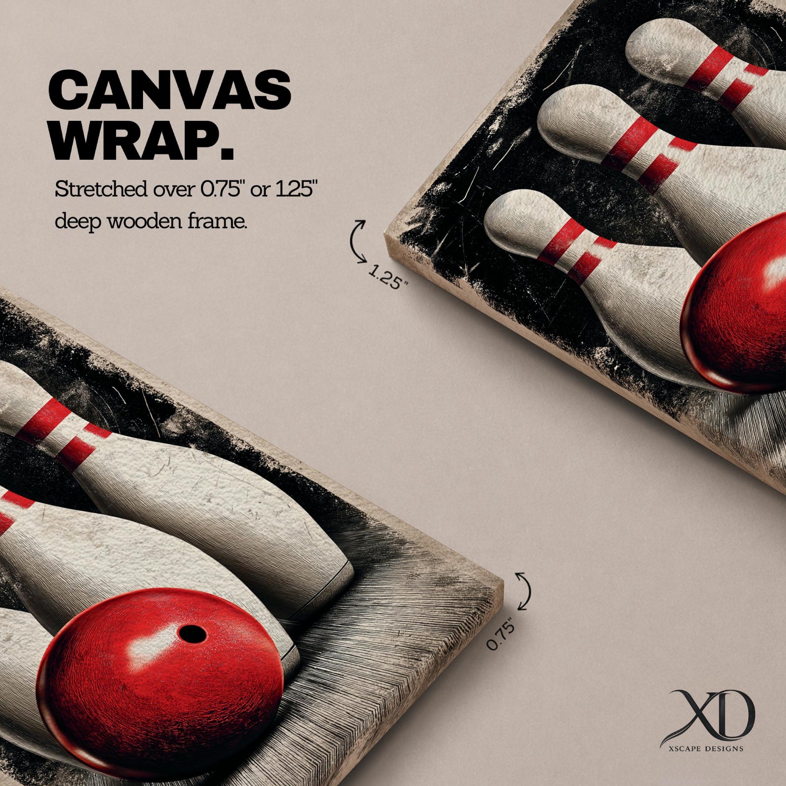 Bowling wall art featuring a red bowling ball positioned in front of three classic bowling pins. The vintage-inspired sports artwork uses bold contrast, distressed textures, and dramatic composition, making it an ideal statement piece for bowling alleys, game rooms, man caves, and recreation spaces.