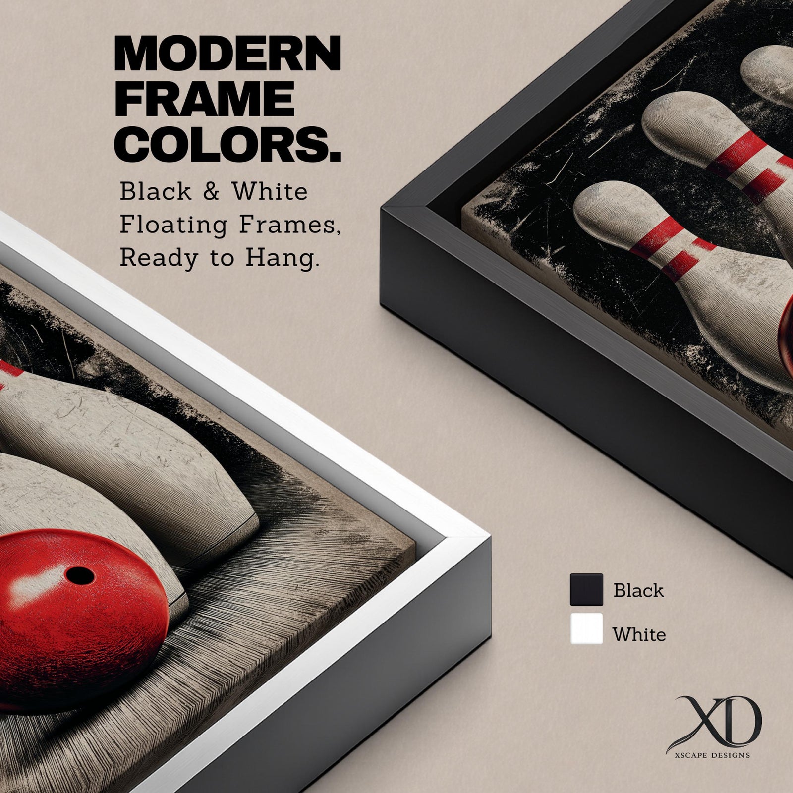Bowling wall art featuring a red bowling ball positioned in front of three classic bowling pins. The vintage-inspired sports artwork uses bold contrast, distressed textures, and dramatic composition, making it an ideal statement piece for bowling alleys, game rooms, man caves, and recreation spaces.