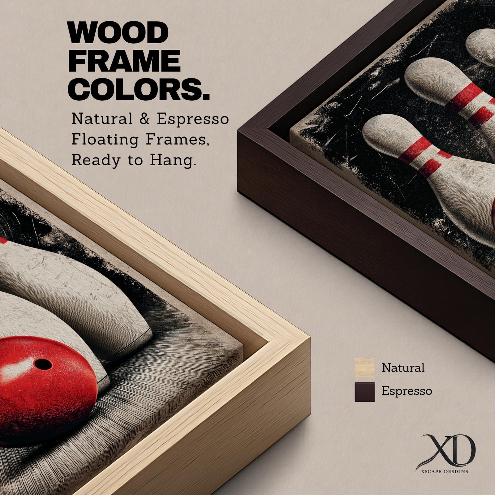 Bowling wall art featuring a red bowling ball positioned in front of three classic bowling pins. The vintage-inspired sports artwork uses bold contrast, distressed textures, and dramatic composition, making it an ideal statement piece for bowling alleys, game rooms, man caves, and recreation spaces.