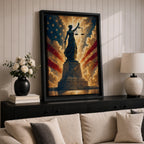 Dramatic Lady Justice wall art featuring the iconic blindfolded statue holding scales and sword before a radiant American flag backdrop. Golden light rays, patriotic colors, and classical legal symbolism create powerful artwork ideal for law offices, courtrooms, attorneys, judges, and government buildings.
