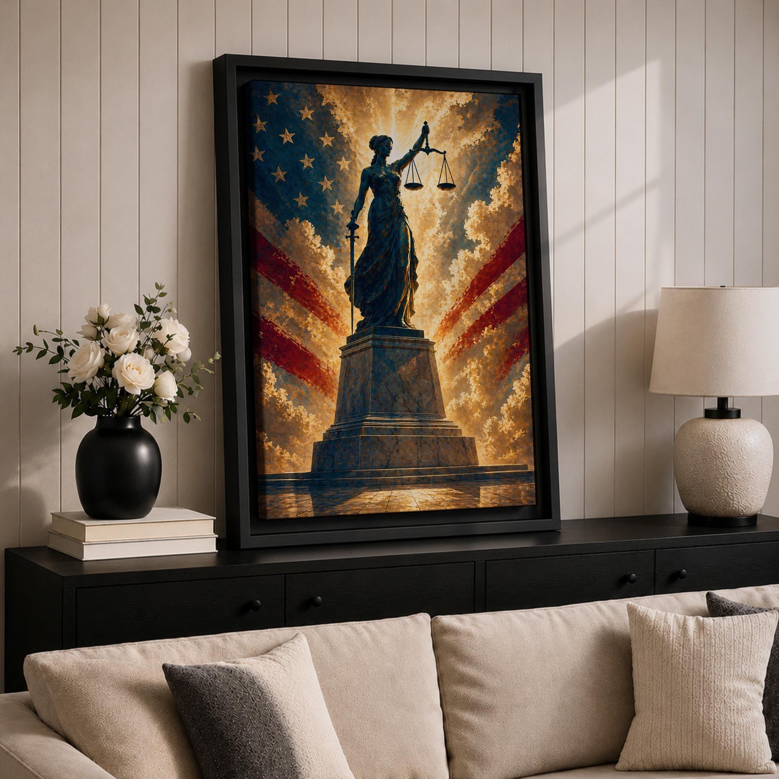 Dramatic Lady Justice wall art featuring the iconic blindfolded statue holding scales and sword before a radiant American flag backdrop. Golden light rays, patriotic colors, and classical legal symbolism create powerful artwork ideal for law offices, courtrooms, attorneys, judges, and government buildings.