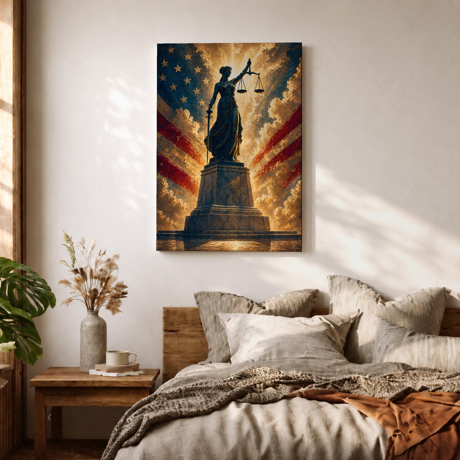 Dramatic Lady Justice wall art featuring the iconic blindfolded statue holding scales and sword before a radiant American flag backdrop. Golden light rays, patriotic colors, and classical legal symbolism create powerful artwork ideal for law offices, courtrooms, attorneys, judges, and government buildings.