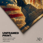 Dramatic Lady Justice wall art featuring the iconic blindfolded statue holding scales and sword before a radiant American flag backdrop. Golden light rays, patriotic colors, and classical legal symbolism create powerful artwork ideal for law offices, courtrooms, attorneys, judges, and government buildings.