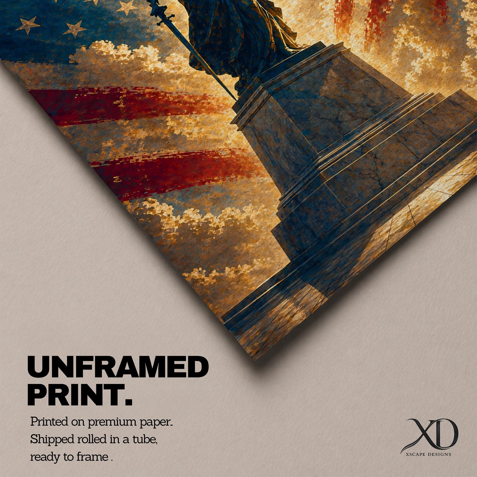 Dramatic Lady Justice wall art featuring the iconic blindfolded statue holding scales and sword before a radiant American flag backdrop. Golden light rays, patriotic colors, and classical legal symbolism create powerful artwork ideal for law offices, courtrooms, attorneys, judges, and government buildings.