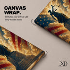 Dramatic Lady Justice wall art featuring the iconic blindfolded statue holding scales and sword before a radiant American flag backdrop. Golden light rays, patriotic colors, and classical legal symbolism create powerful artwork ideal for law offices, courtrooms, attorneys, judges, and government buildings.