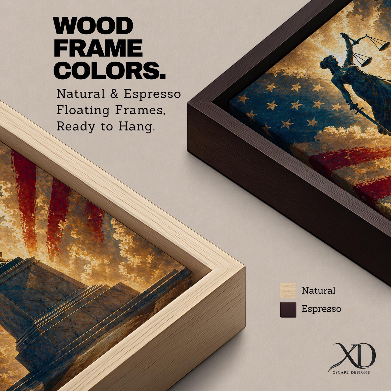 Dramatic Lady Justice wall art featuring the iconic blindfolded statue holding scales and sword before a radiant American flag backdrop. Golden light rays, patriotic colors, and classical legal symbolism create powerful artwork ideal for law offices, courtrooms, attorneys, judges, and government buildings.