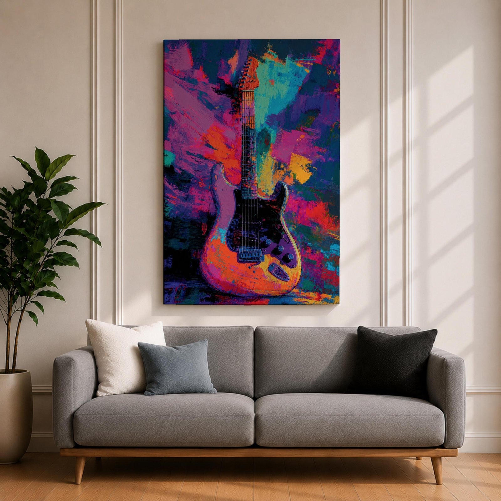 Vibrant pop art painting featuring an electric guitar set against a bold abstract background of neon purple, blue, pink, orange, and teal brushstrokes. Expressive textures and high-contrast colors create dynamic music wall art perfect for recording studios, music rooms, band spaces, and modern interiors.