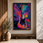 Vibrant pop art painting featuring an electric guitar set against a bold abstract background of neon purple, blue, pink, orange, and teal brushstrokes. Expressive textures and high-contrast colors create dynamic music wall art perfect for recording studios, music rooms, band spaces, and modern interiors.