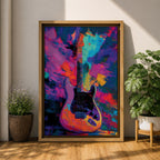 Vibrant pop art painting featuring an electric guitar set against a bold abstract background of neon purple, blue, pink, orange, and teal brushstrokes. Expressive textures and high-contrast colors create dynamic music wall art perfect for recording studios, music rooms, band spaces, and modern interiors.