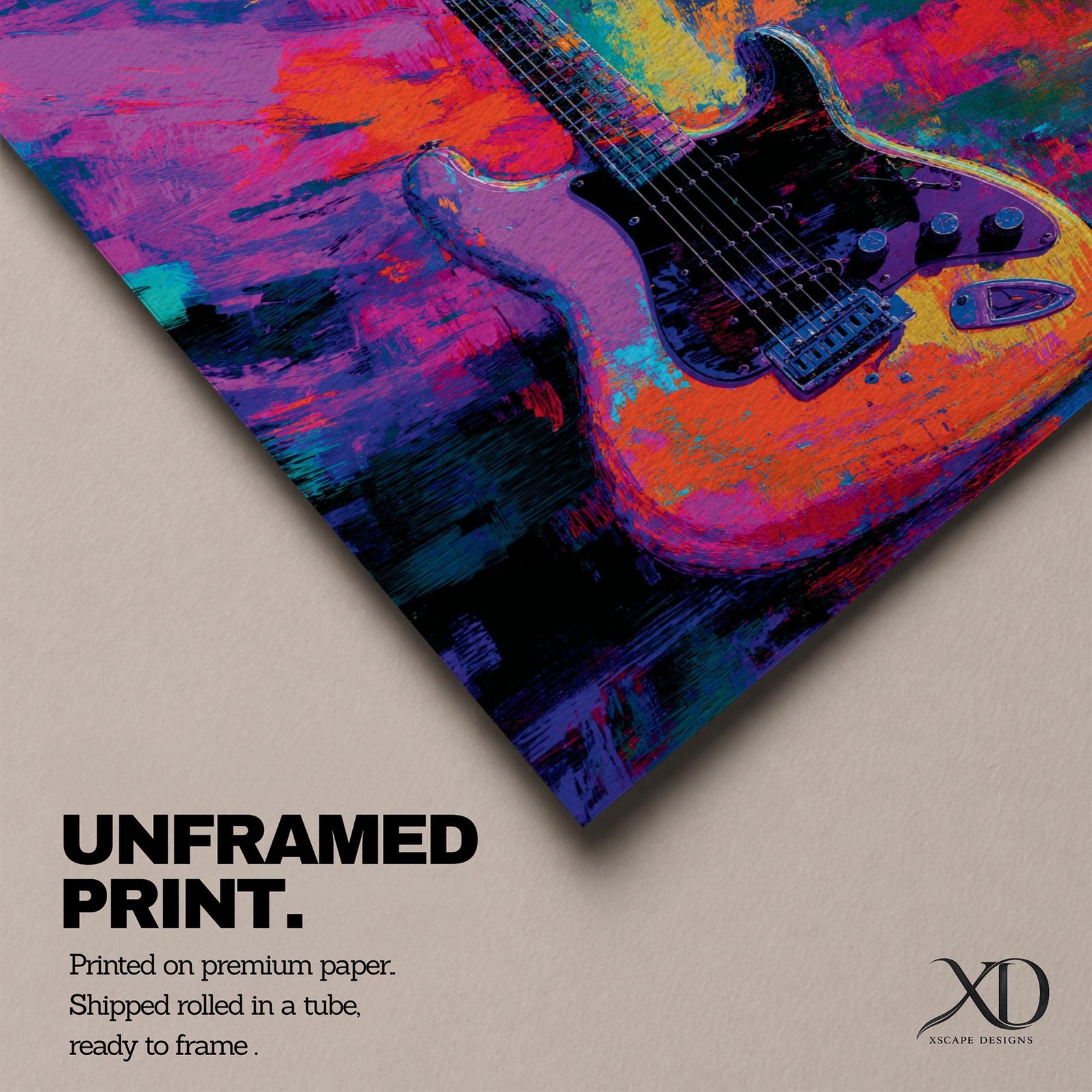 Vibrant pop art painting featuring an electric guitar set against a bold abstract background of neon purple, blue, pink, orange, and teal brushstrokes. Expressive textures and high-contrast colors create dynamic music wall art perfect for recording studios, music rooms, band spaces, and modern interiors.