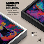 Vibrant pop art painting featuring an electric guitar set against a bold abstract background of neon purple, blue, pink, orange, and teal brushstrokes. Expressive textures and high-contrast colors create dynamic music wall art perfect for recording studios, music rooms, band spaces, and modern interiors.