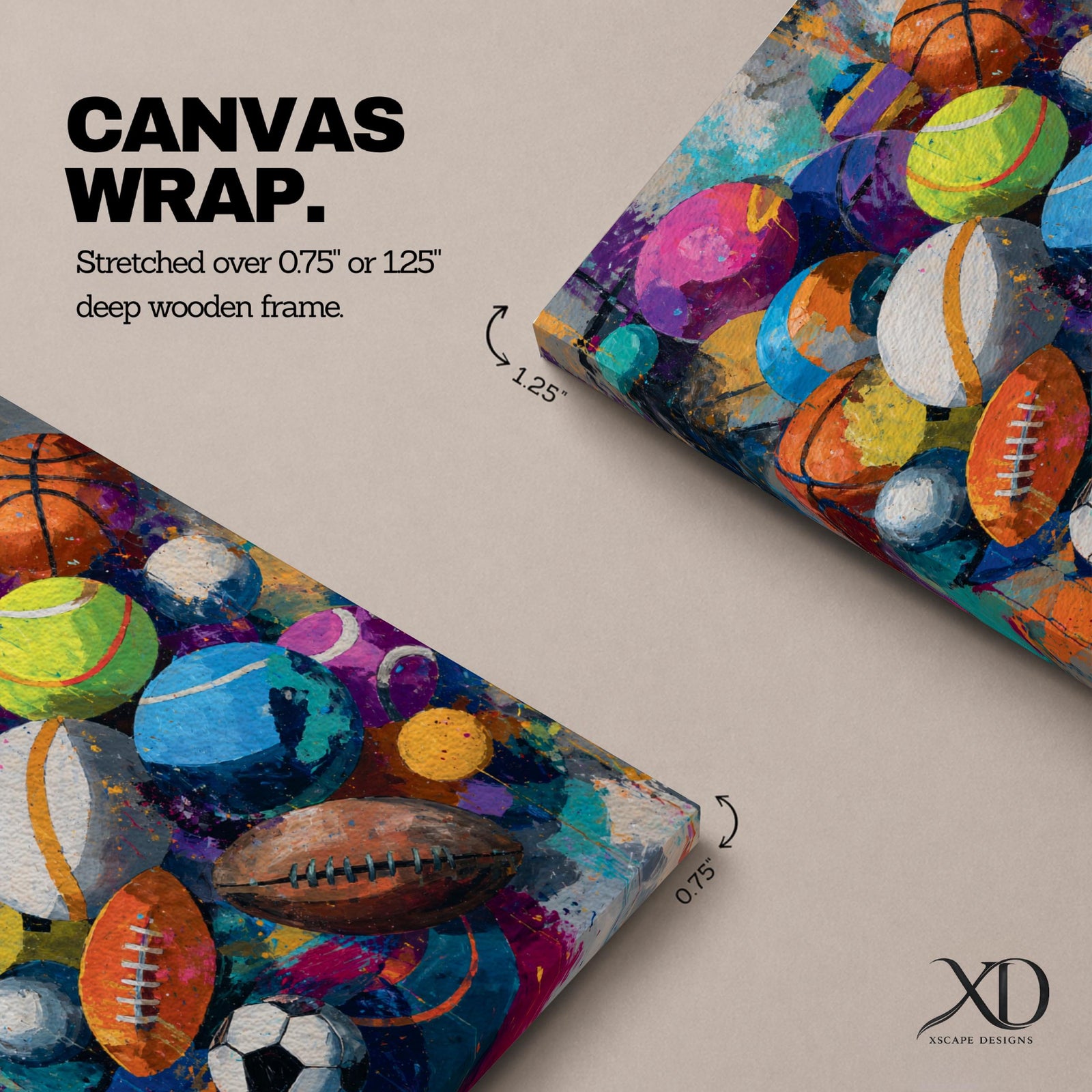 Vibrant expressionist painting featuring a collection of sports balls including soccer, basketball, football, tennis, volleyball, and playground balls. Bold colors, energetic brushstrokes, and layered textures create dynamic sports-themed wall art perfect for game rooms, gyms, locker rooms, schools, and athletic spaces.