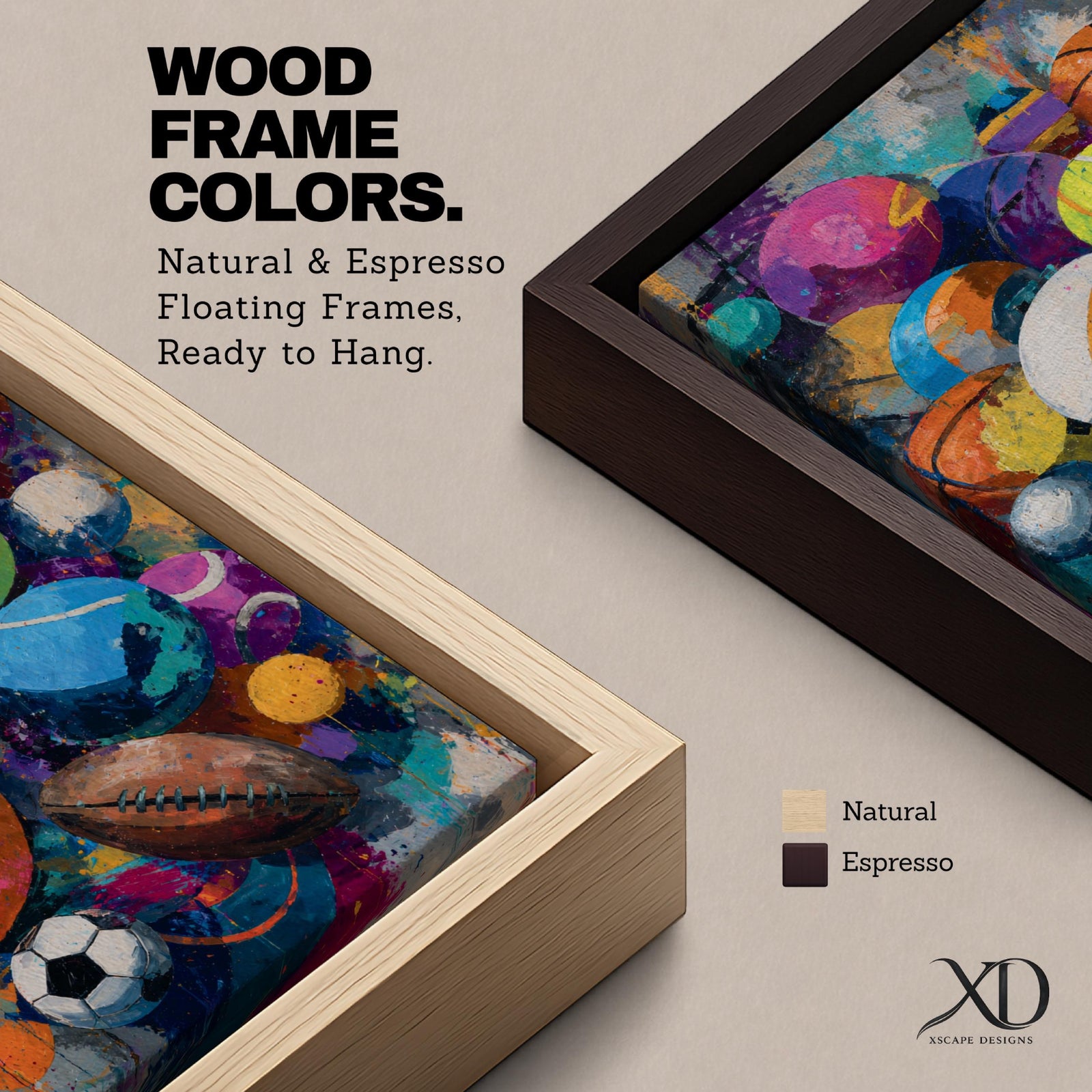 Vibrant expressionist painting featuring a collection of sports balls including soccer, basketball, football, tennis, volleyball, and playground balls. Bold colors, energetic brushstrokes, and layered textures create dynamic sports-themed wall art perfect for game rooms, gyms, locker rooms, schools, and athletic spaces.