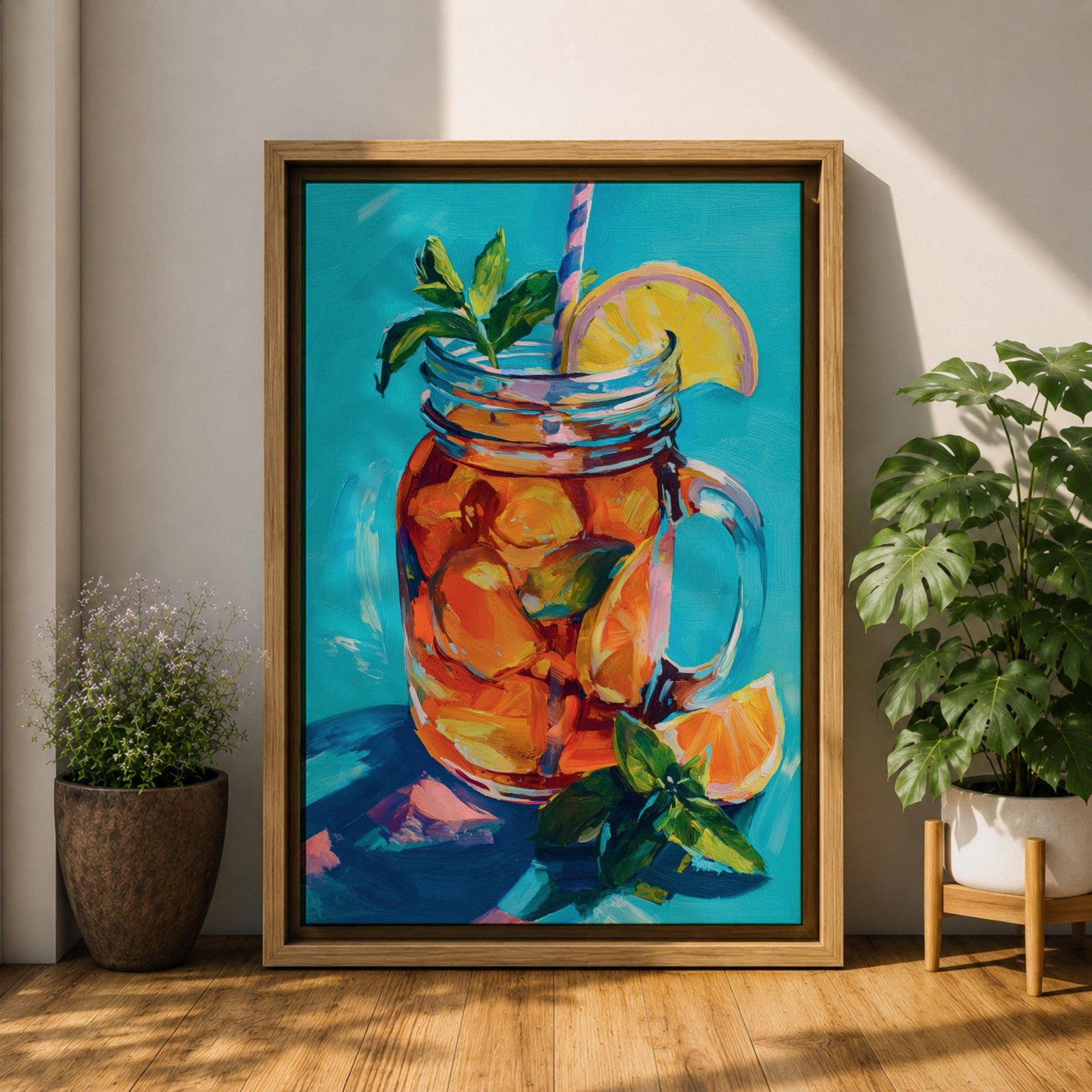 Colorful impressionist painting of a mason jar filled with a refreshing citrus beverage, featuring lemon and orange slices, mint leaves, ice, and a striped straw. Vibrant turquoise background and expressive brushstrokes create cheerful summer kitchen wall art perfect for dining rooms, cafes, and beverage-themed decor.