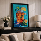Colorful impressionist painting of a mason jar filled with a refreshing citrus beverage, featuring lemon and orange slices, mint leaves, ice, and a striped straw. Vibrant turquoise background and expressive brushstrokes create cheerful summer kitchen wall art perfect for dining rooms, cafes, and beverage-themed decor.