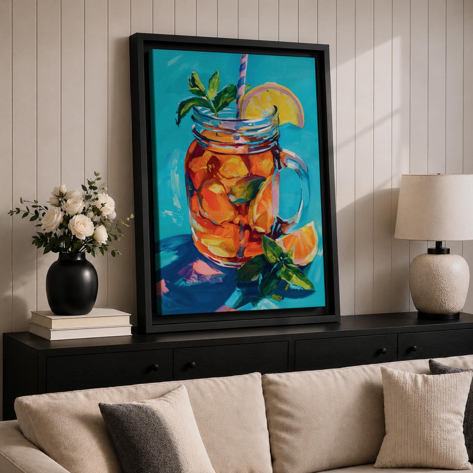 Colorful impressionist painting of a mason jar filled with a refreshing citrus beverage, featuring lemon and orange slices, mint leaves, ice, and a striped straw. Vibrant turquoise background and expressive brushstrokes create cheerful summer kitchen wall art perfect for dining rooms, cafes, and beverage-themed decor.
