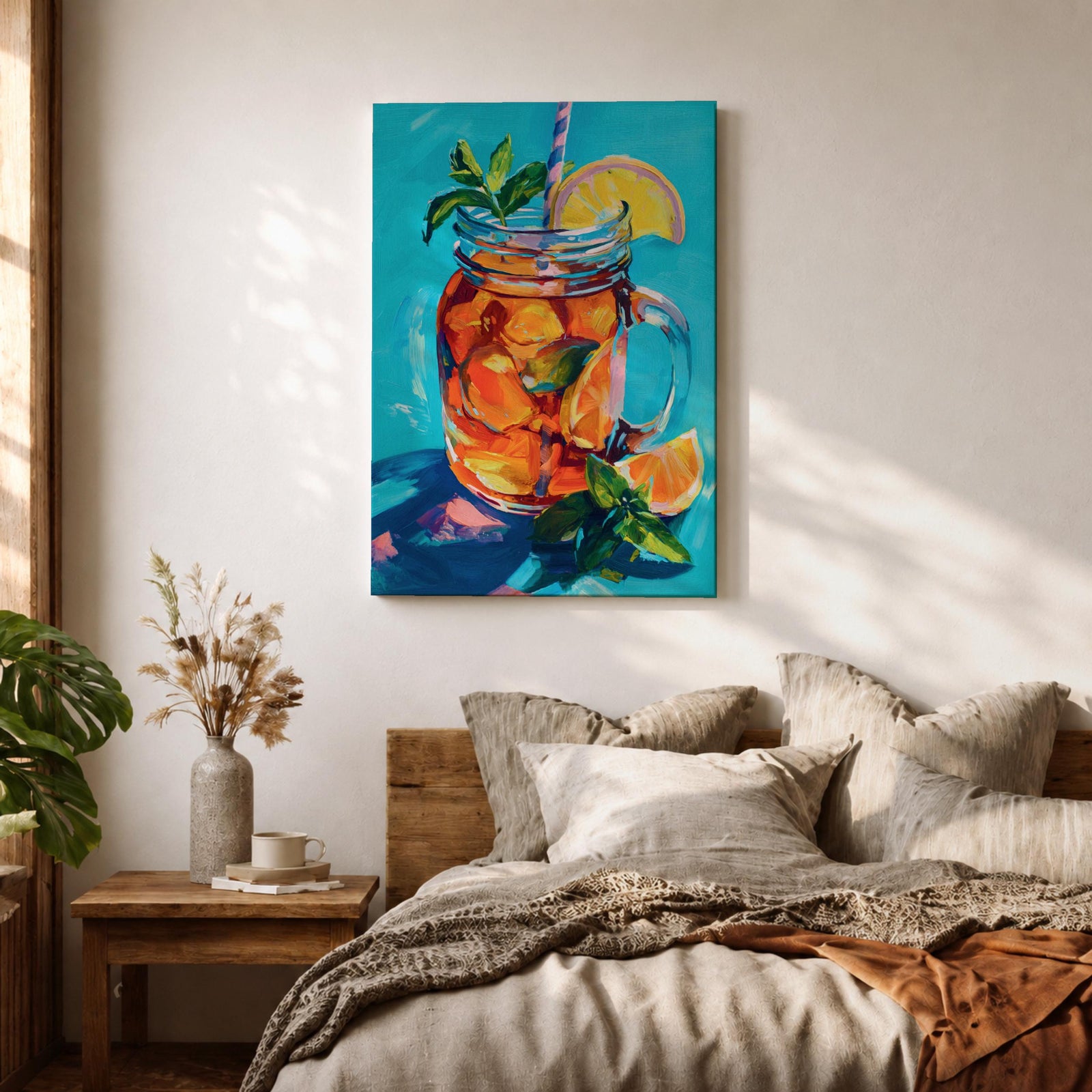 Colorful impressionist painting of a mason jar filled with a refreshing citrus beverage, featuring lemon and orange slices, mint leaves, ice, and a striped straw. Vibrant turquoise background and expressive brushstrokes create cheerful summer kitchen wall art perfect for dining rooms, cafes, and beverage-themed decor.