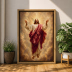 Jesus Christ wall art depicting the risen Savior ascending amid radiant heavenly light and clouds. With arms outstretched and surrounded by golden rays, this inspiring Christian artwork symbolizes resurrection, redemption, faith, hope, and divine glory.