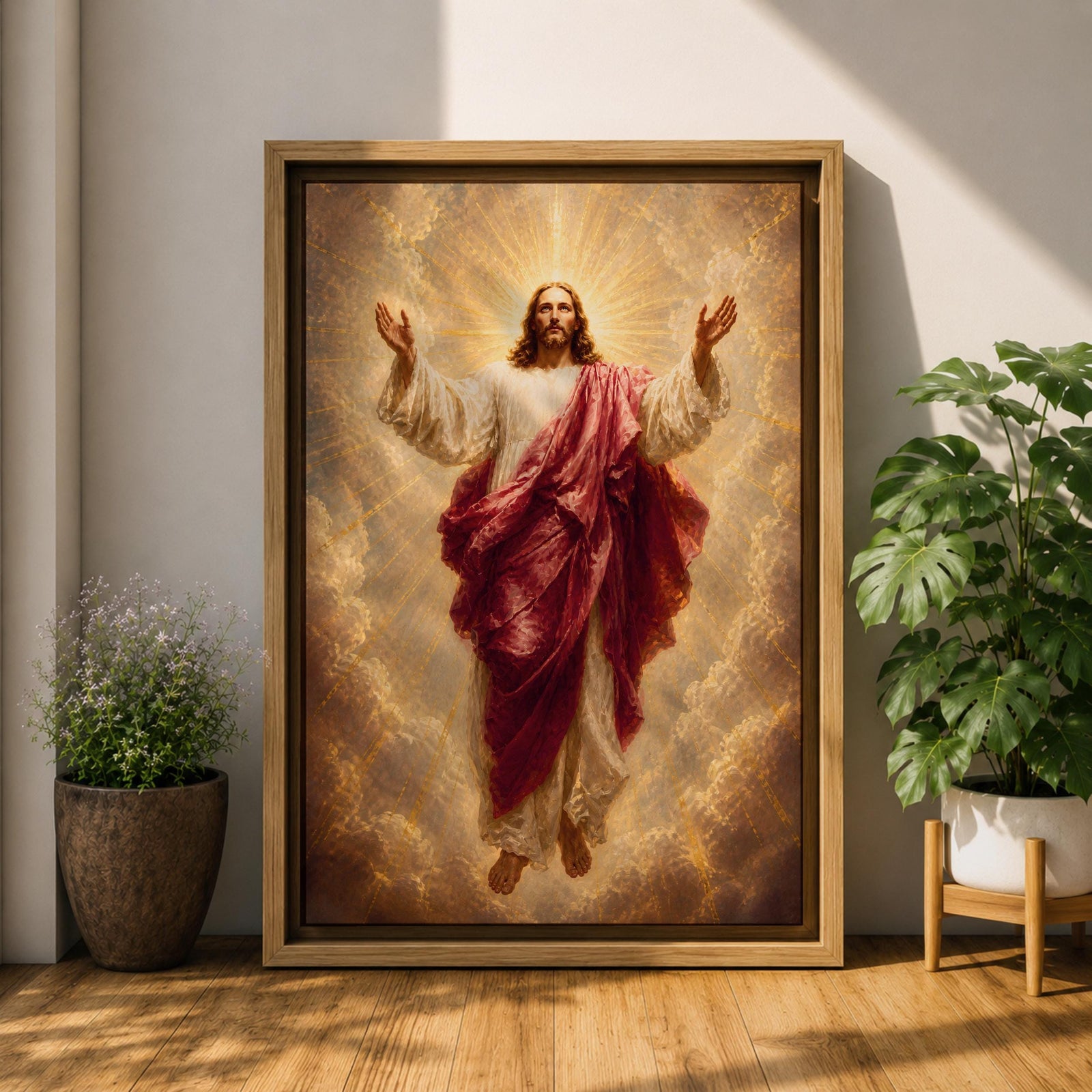 Jesus Christ wall art depicting the risen Savior ascending amid radiant heavenly light and clouds. With arms outstretched and surrounded by golden rays, this inspiring Christian artwork symbolizes resurrection, redemption, faith, hope, and divine glory.